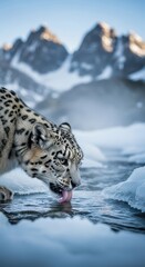 Fototapeta premium Snow leopard drinking from icy stream in majestic mountain habitat during winter