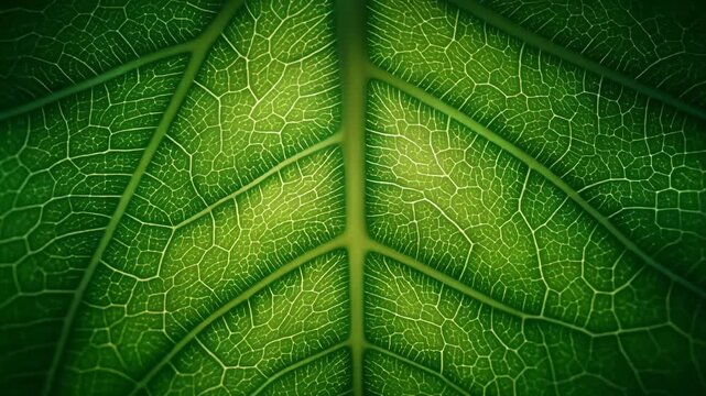 植物のエネルギー伝達をイメージした光る葉脈と緑の葉のエクストリームマクロループ映像