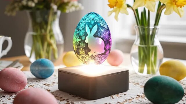Bunny Silhouette Holographic Egg Hovering On Lace Mat, Swirling Light Trails And Pastel Eggs, Daffodils In Window Light, Vintage Teacup Nearby, Playful Motion And Magical Reveal Moment Perfect.