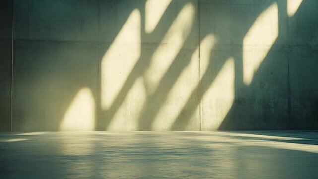 Empty concrete room provides a modern architectural background, sunlight casting strong geometric patterns and shadows across the textured wall and floor surface