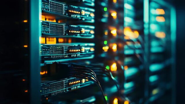 Server racks with glowing indicator lights and network cables managing digital information, processing large datasets, and ensuring constant connectivity within a modern infrastructure