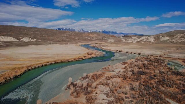Multicolored geological shades of clay in Altai Republic, Russia. Martian landscape Mars 2 in Chui steppe, Gorny Altay drone view.