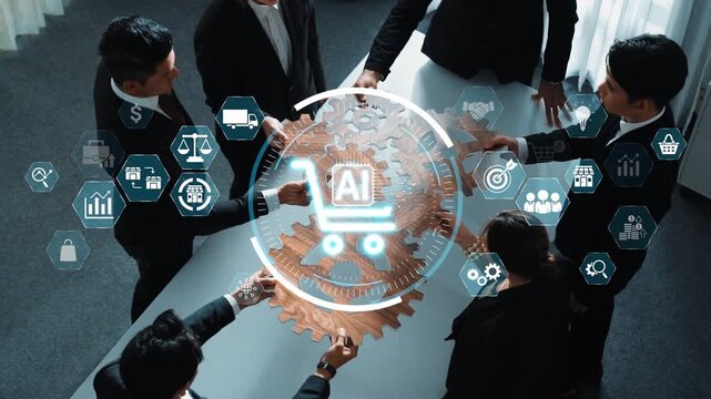 A modern business team engaged in collaboration, discussing AI technology applications for enhancing digital marketing and e-commerce strategies in an office environment. Raster