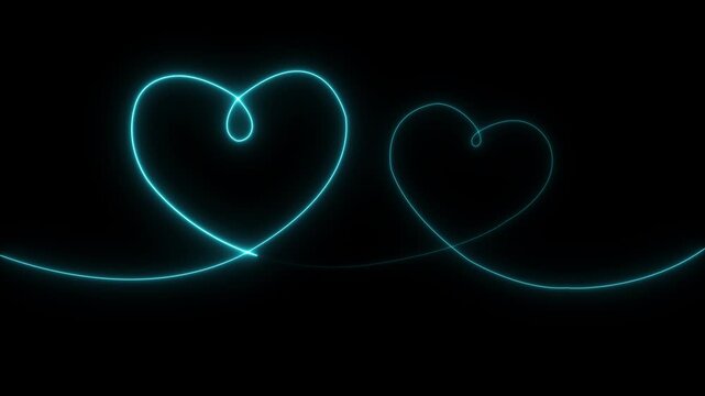 Two Cyan Neon Hearts on Black .Bright pink neon line forming two heart shapes against a dark background, 
