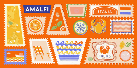 Colorful collection of illustrated postage stamps with italian themes and motifs © Rahul