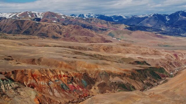 Multicolored geological shades of clay in Altai Republic, Russia. Martian landscape Mars 2 in Chui steppe, Gorny Altay drone view.