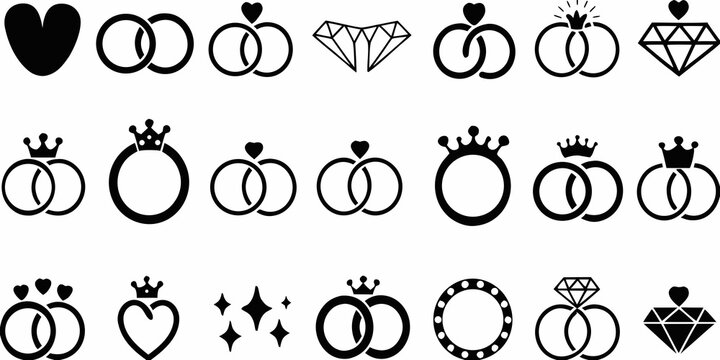 Collection of black silhouettes depicting various love and commitment symbols