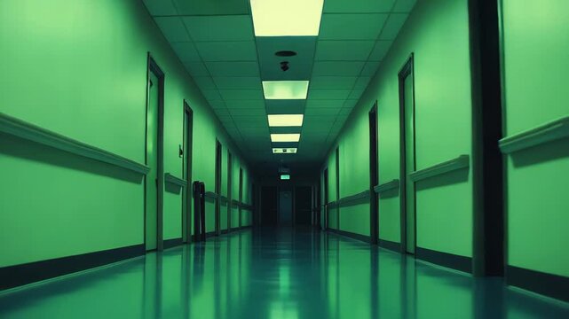 Empty corridor in a clinic or hospital featuring symmetrical doors and a glossy floor reflecting the eerie green fluorescent lighting, creating a liminal and unsettling ambiance