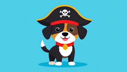 A cartoon dog wearing a pirate hat on blue background