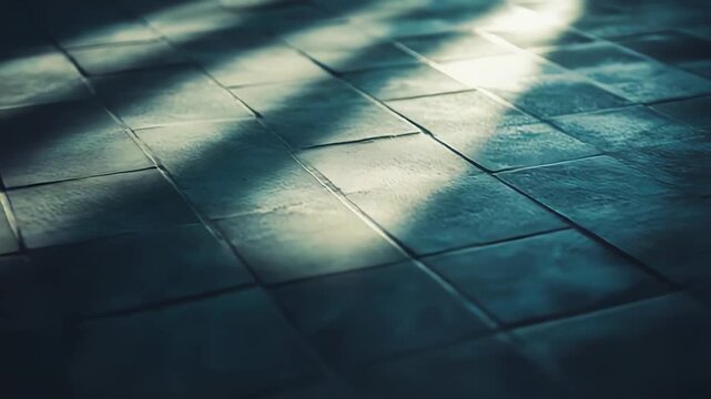 Sunlight streams across grid tile floor, casting strong geometric shadows and textured highlights that create minimalist patterns of light and dark for modern interior design