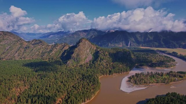 Aerial view sunrise landscape on meandering river Katun with fog and blue sky Altai Mountains, Russia.