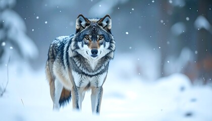Obraz premium A powerful and majestic wild wolf stands alert and focused in a serene, snow-covered forest during a gentle snowfall, its intense gaze fixed forward, embodying the enduring spirit of winter wilderness