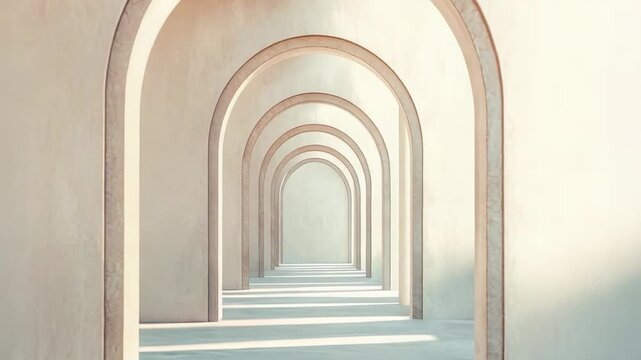 Abstract arched architectural structure creating a visually appealing tunnel with light and shadow patterns on the walls and floor, conveying concepts of pathway, simplicity, and modern design