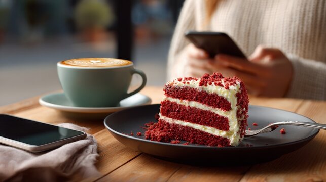 Red velvet cake slice and coffee with young female on smartphone
