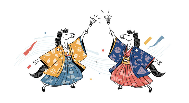 Playful illustration of two white horse characters dressed in traditional kimonos playing the japanese badminton game called hanetsuki.