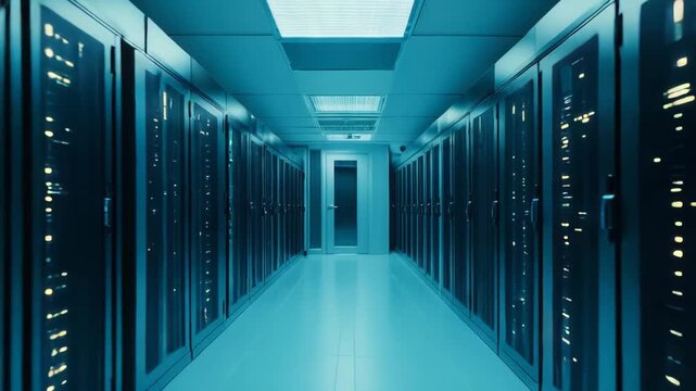 Computer server racks filling a brightly lit and sterile corridor, representing cloud computing, big data storage, digital information networks, and advanced internet technology infrastructure