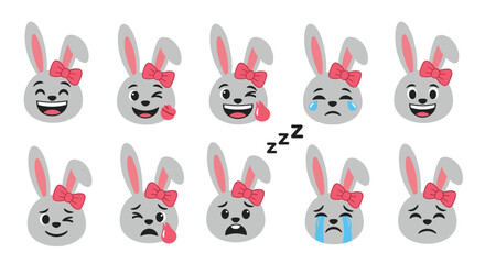 Cute female rabbit character emoji set featuring different expressions like happy, winking, crying, and sleeping on white background.