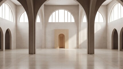 Obraz premium Minimalist interior design with large arched windows and columns, creating a spacious and elegant hall.