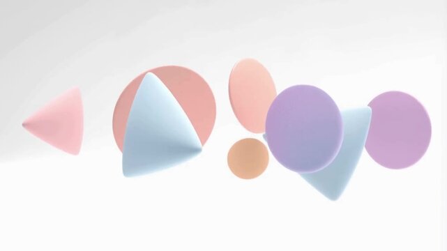 Ultra-minimal abstract scene of soft pastel geometric shapes floating slowly in bright white space.
