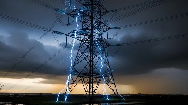 Towering electricity pylon amidst a dramatic thunderstorm with lightning striking in the background