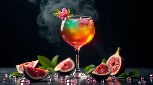 Vibrant neon tropical cocktail with pink flower garnish and fresh sliced figs on smoky dark background