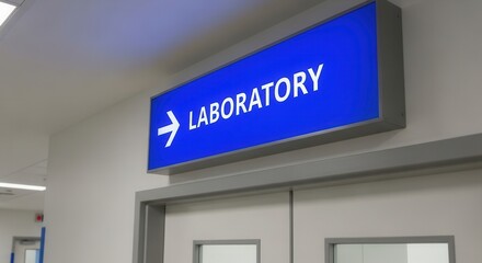 Laboratory Direction Signage Illuminated on a Blue Background and Indicating the Path