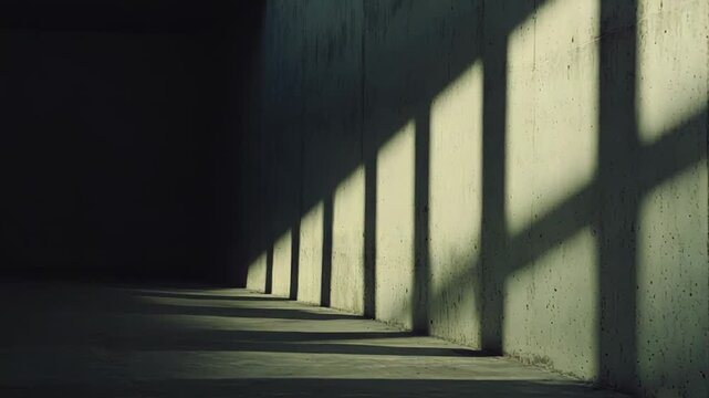 Stark shadows from a window creating geometric patterns on a textured concrete wall, illustrating contrast and architectural elements in a minimalist interior space