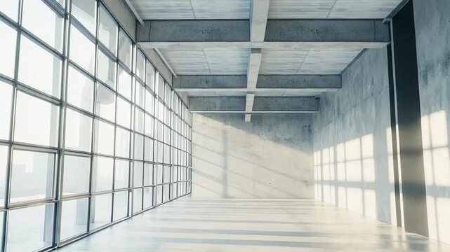 Empty modern spacious loft interior features exposed concrete walls and ceiling, large industrial style windows, and bright sunlight streaming across the polished floor, creating geometric shadows