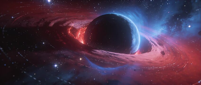 Black hole event horizon cosmic swirl red blue nebula glow devouring planet vortex deep space cosmic destruction dramatic science fiction galaxy dust star field surreal space scene