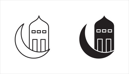 Obraz premium Outline mosque building with crescent moon icon. Islamic religious symbol representing Ramadan, prayer, Eid celebration, and Muslim culture. Minimal black line vector isolated on white background.