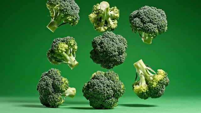 Fresh green broccoli florets falling and bouncing on vibrant backdrop in slow motion