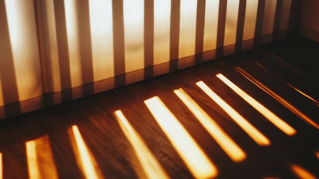 Golden hour sun rays streaming through blinds, casting warm, abstract shadow patterns across a rustic interior wooden floor, creating a serene and inviting atmosphere