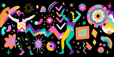 Obraz premium Abstract illustration of dancing figures and colorful geometric shapes on black