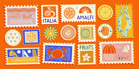 Colorful collection of illustrated postage stamps featuring fruits and coastal themes © Milton