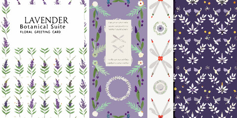 Botanical lavender themed greeting card suite with floral and leaf patterns © Milton