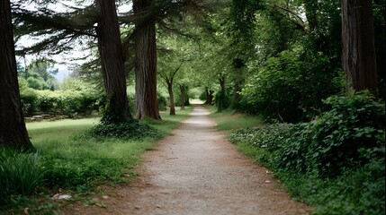 Fototapeta premium A gravel path meanders through a sun d d forest avenue lined with tall trees and lush green foliage