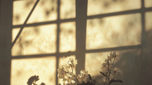 White flowers in a glass vase receiving warm afternoon sunlight, casting intricate shadows of window frames and foliage on a textured wall, creating a serene and calm atmosphere