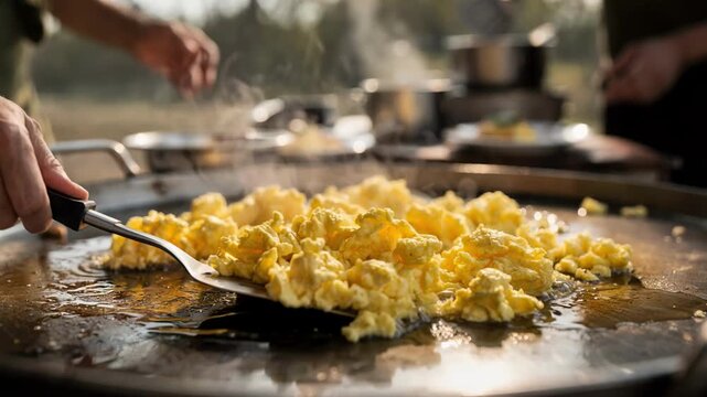 Focused view of scrambled eggs being cooked on a griddle in a busy camp kitchen with blurred hands plating dishes behind.
