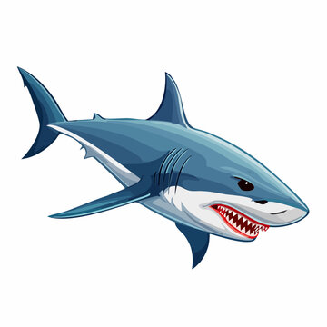 A menacing great white shark illustration with sharp teeth, swimming in the ocean, viewed from the side with fins and tail visible