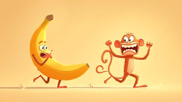Funny monkey banana cartoon chase illustration