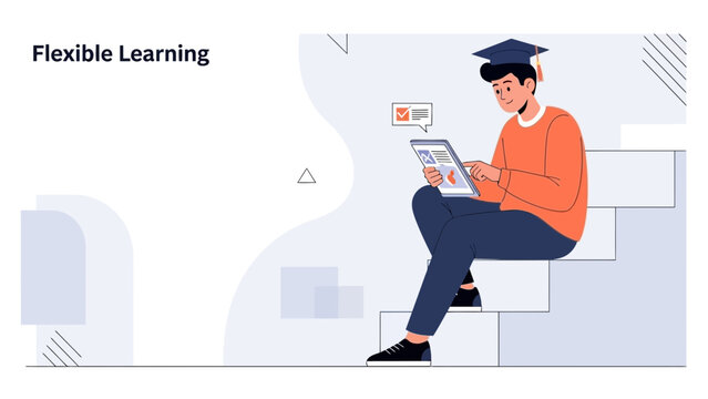 Student using laptop on steps, flexible learning concept, modern illustration