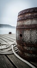 Fototapeta premium Weathered wooden barrel on foggy lakeside dock with coiled rope and misty mountain view in overcast atmosphere