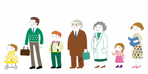 A diverse family group stands together in a colorful illustrated style © Titul