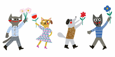 Charming illustration of cats and a dog holding colorful flowers