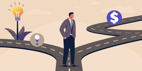A businessman contemplates a career path with potential financial rewards