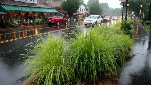 Urban rain garden featuring droughtresistant grasses and perennials bordered by paved walkways illustrating sustainable water management within a bustling city environment.