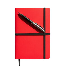 Red journal notebook with black pen on top isolated on transparent background