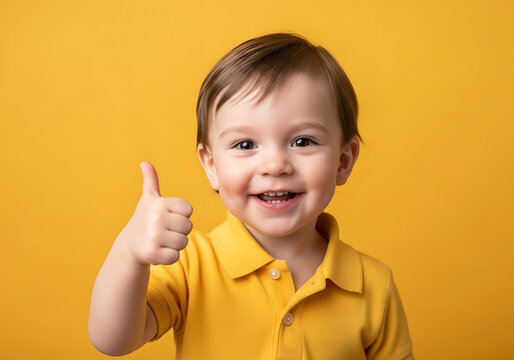 Happy toddler boy gives thumbs up sign against yellow background