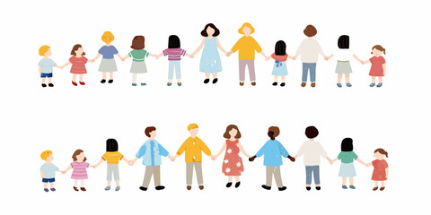 Diverse group of people adults and children holding hands in a line