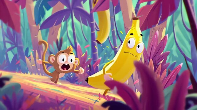 Happy monkey banana cartoon running illustration